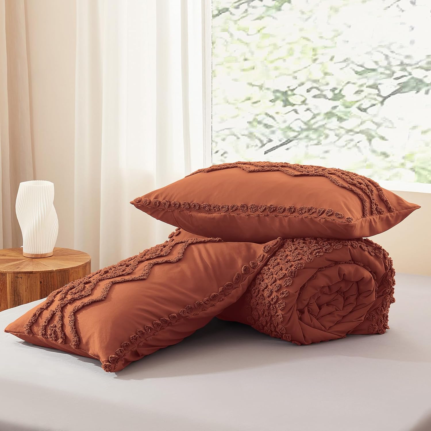 Luxudecor Terracotta Boho Tufted Comforter Set Boho Shabby Chic Comforter Farmhouse Embroidery Bedding Set Soft Comforter for All Seasons (Terracotta)